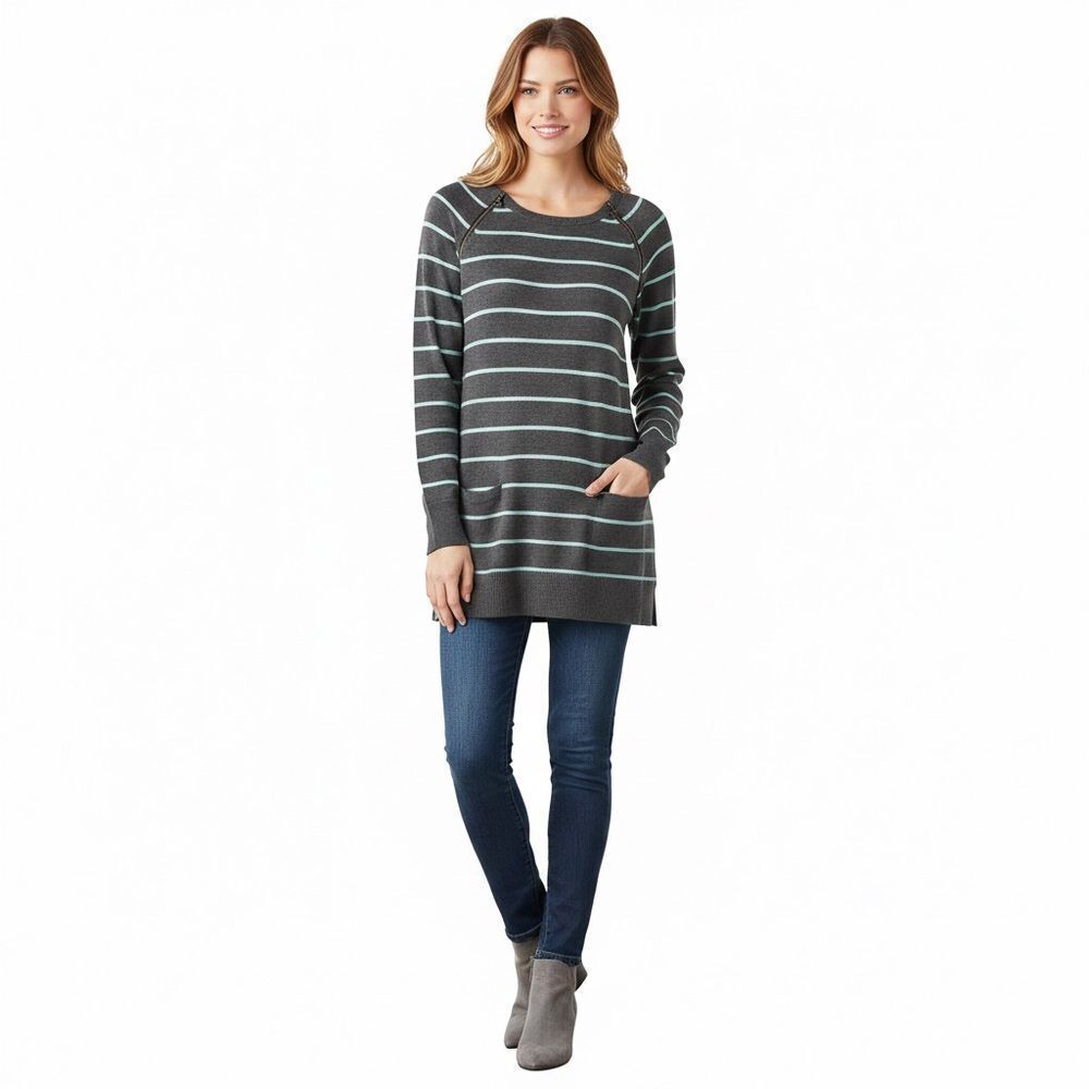 Caslon Grey with Aqua Stripes Long Sleeve Tunic Sweater